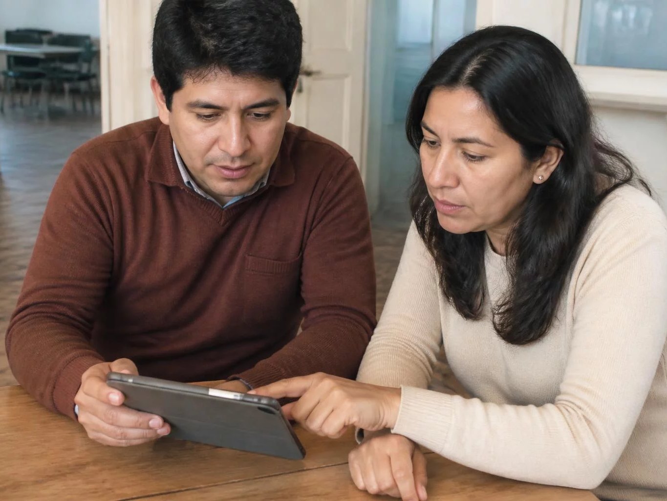 Una tablet con apuntes, leída por dos participantes